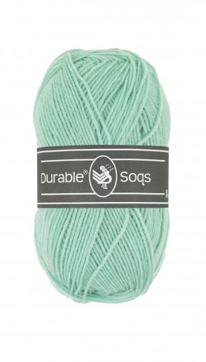 A 50g ball of Durable Soqs yarn, showing the fine, multi-ply wool and polyamide blend designed for long-lasting, durable socks in duck egg blue colour