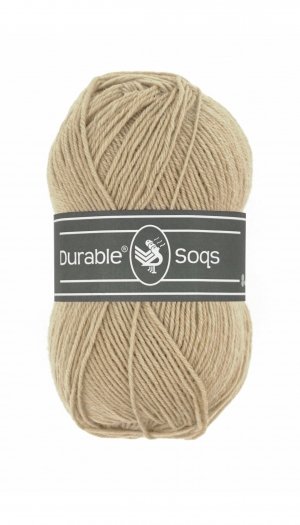 A 50g ball of Durable Soqs yarn, showing the fine, multi-ply wool and polyamide blend designed for long-lasting, durable socks in sesame colour