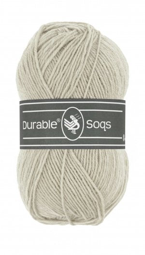 A 50g ball of Durable Soqs yarn, showing the fine, multi-ply wool and polyamide blend designed for long-lasting, durable socks in chateau grey colour