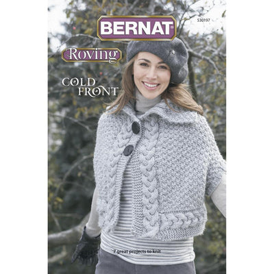 A cover image of the BERNAT Cold Front pattern book featuring a woman wearing a knitted cowl and a hat, with a sweater displayed in the foreground.

Front cover of the Bernat Cold Front pattern book featuring a woman in a stylish, chunky-knit cream sweater