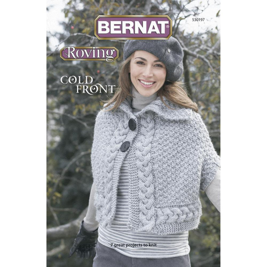 A cover image of the BERNAT Cold Front pattern book featuring a woman wearing a knitted cowl and a hat, with a sweater displayed in the foreground.

Front cover of the Bernat Cold Front pattern book featuring a woman in a stylish, chunky-knit cream sweater