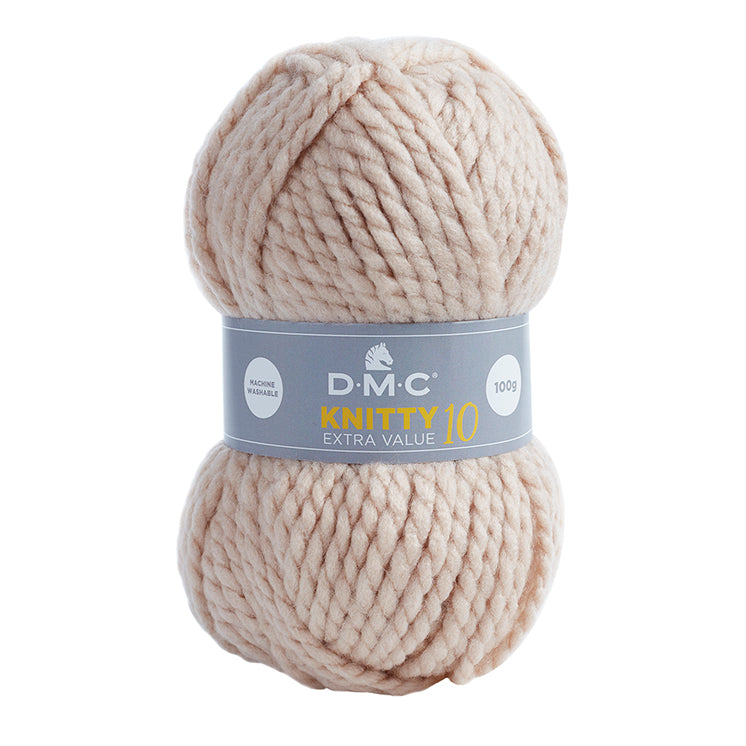 A skein of DMC Knitty 10 Extra Value Yarn in Beige color with brand label displayed.
beginner-friendly bulky yarn, 10mm crochet hook yarn, DMC Knitty series