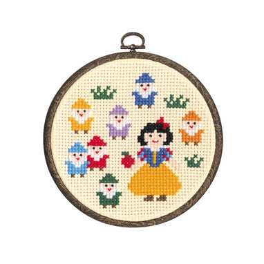 Cross stitch kit depicting Snow White and the seven dwarfs, with a variety of colored threads and a 6-inch embroidery hoop.

Olympus Japan Snow White and the Seven Dwarfs cross-stitch kit packaging featuring the classic fairy tale characters and a 6-inch embroidery hoop.