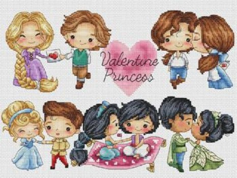 The 'Valentine Princess' cross-stitch featuring 5 famous fairytale couples holding hearts and flowers in a vibrant, modern style.
A collection of colorful cross-stitch depictions of fairy tale couples, with the text 'Valentine PRINCESSES' prominently displayed.