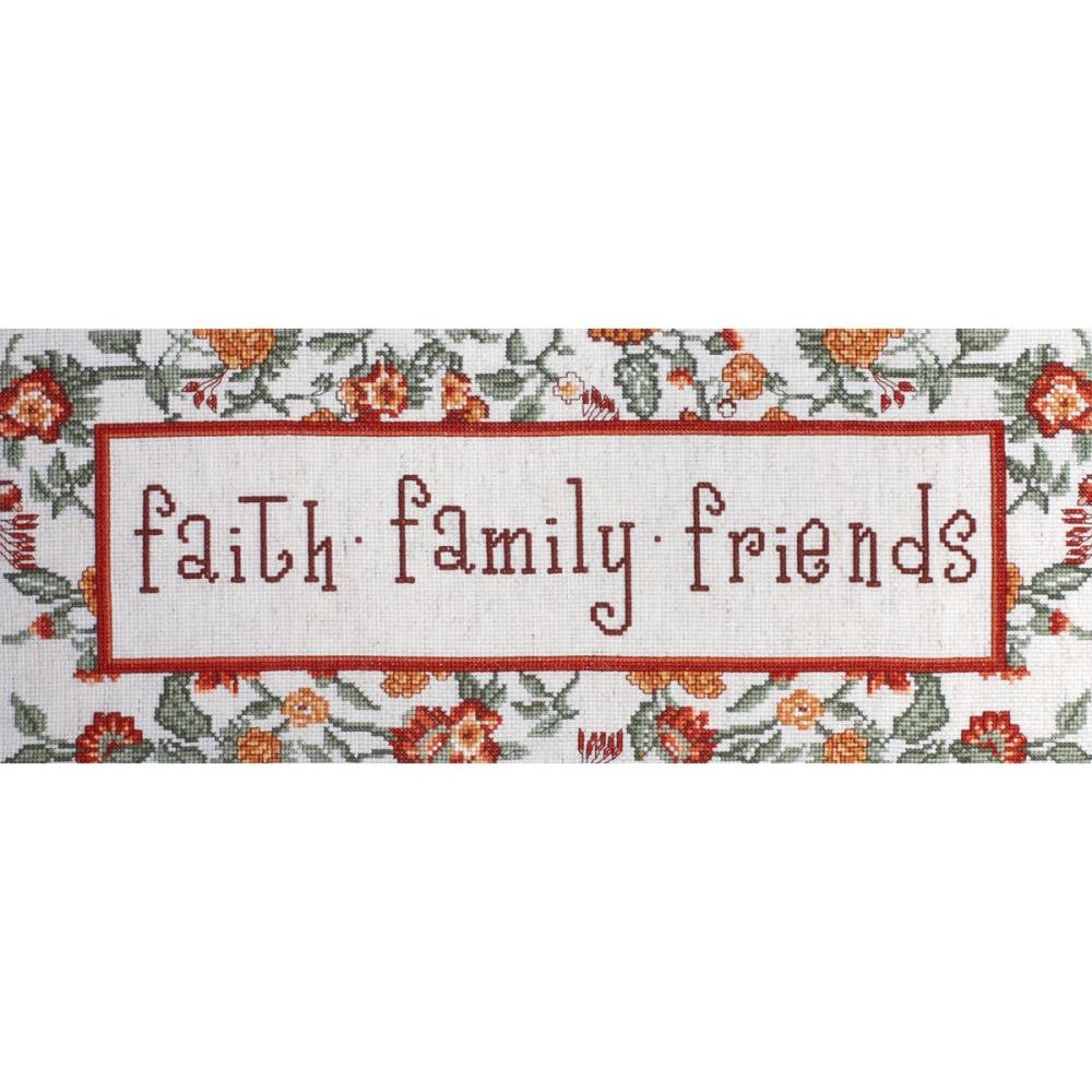 The Design Works Faith Family Friends cross stitch kit packaging, showing an elongated panoramic design with elegant script and colorful floral borders.

Long cross stitch patterns, modern farmhouse embroidery, Design Works Crafts USA, large wall art sampler, sentimental craft gifts Singapore
