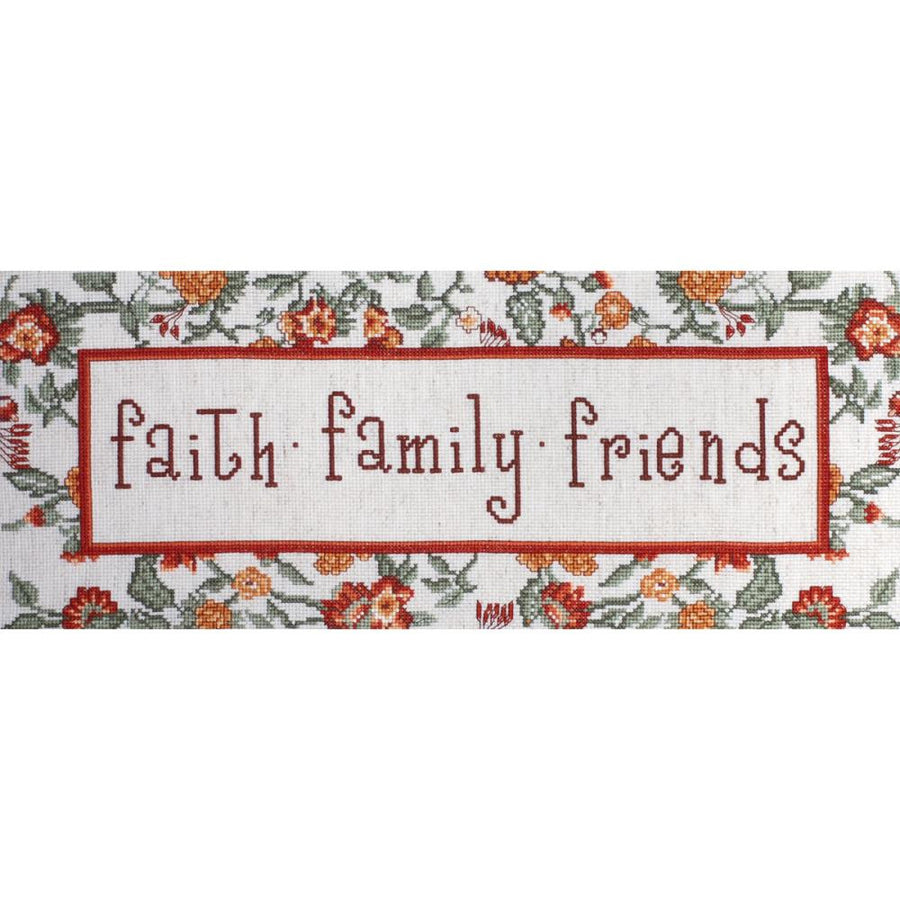 The Design Works Faith Family Friends cross stitch kit packaging, showing an elongated panoramic design with elegant script and colorful floral borders.

Long cross stitch patterns, modern farmhouse embroidery, Design Works Crafts USA, large wall art sampler, sentimental craft gifts Singapore