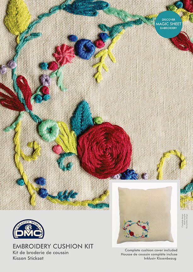 Close-up of the printed Magic Sheet and colorful DMC threads included in the Vicki Foster Rose Garland kit