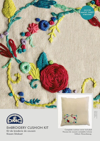 Close-up of the printed Magic Sheet and colorful DMC threads included in the Vicki Foster Rose Garland kit
