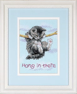 Dimensions 'Hang on Kitty' cross-stitch kit packaging featuring a funny ginger kitten hanging from a clothesline on light blue Aida cloth

Ginger cat embroidery kit, office decor cross stitch, motivational cat gift, Dimensions Cross stitch kit Singapore, humorous needlepoint for beginners