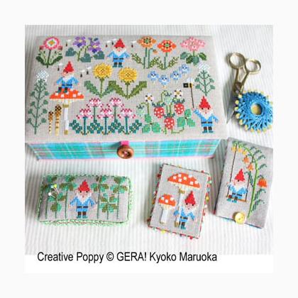 A professional cross-stitch chart by Japanese designer Kyoko Maruoka of GERA! featuring a vibrant 'Gnomes in Springfield' scene. The design showcases charming gnomes with tall, colorful hats tending to a spring garden filled with oversized flowers, butterflies, and seasonal motifs