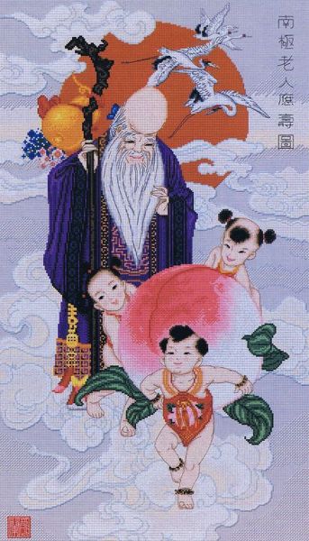 A professional 16-page cross-stitch chart booklet titled 'God of Longevity' by Jiang Lhong Lhan. The design features a traditional Chinese deity, Shouxing, holding a large golden peach and a wooden staff.