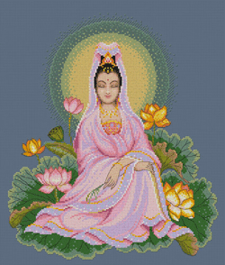 A professional cross-stitch chart leaflet containing two separate traditional Chinese designs. The first design features the Goddess of Mercy (Guan Yin) in a serene pose, intended for 14-count Antique Blue Aida