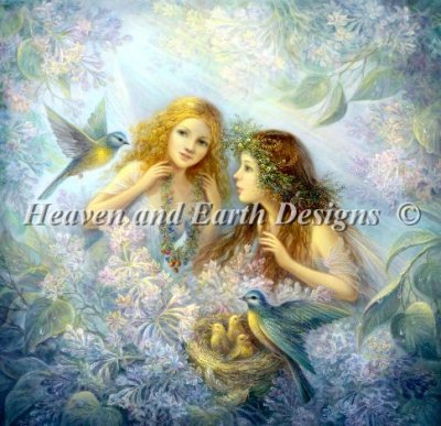 A professional full-coverage cross-stitch chart titled 'Fairies Nurses,' published by Heaven and Earth Designs. The artwork by Nadia Strelkina depicts several ethereal fairies in soft, glowing robes, rendered in a classical, fine-art style with intricate details and a magical atmosphere.