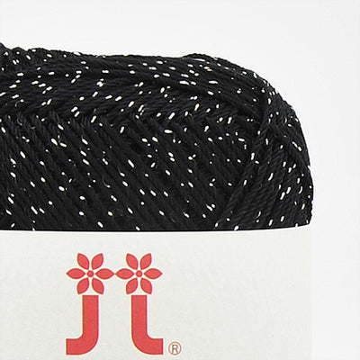 A 30g ball of Hamanaka Aprico Lame yarn made in Japan, showing the fine cotton strand entwined with a subtle metallic shimmer for a sophisticated sparkle black colour