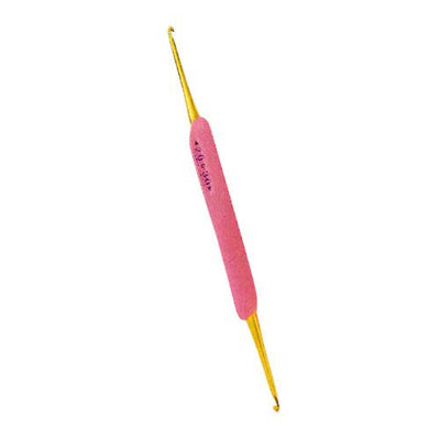 A professional-grade Hamanaka double-ended crochet hook made in Japan.
The hooks are color-coded by size range: Pink (2.0/2.3mm)