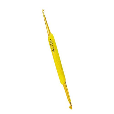 A professional-grade Hamanaka double-ended crochet hook made in Japan. The hook is crafted from a high-quality, smooth resin and features two different hook sizes at either end of a single handle. The hooks are color-coded by size range: Yellow 3.0/4.0mm