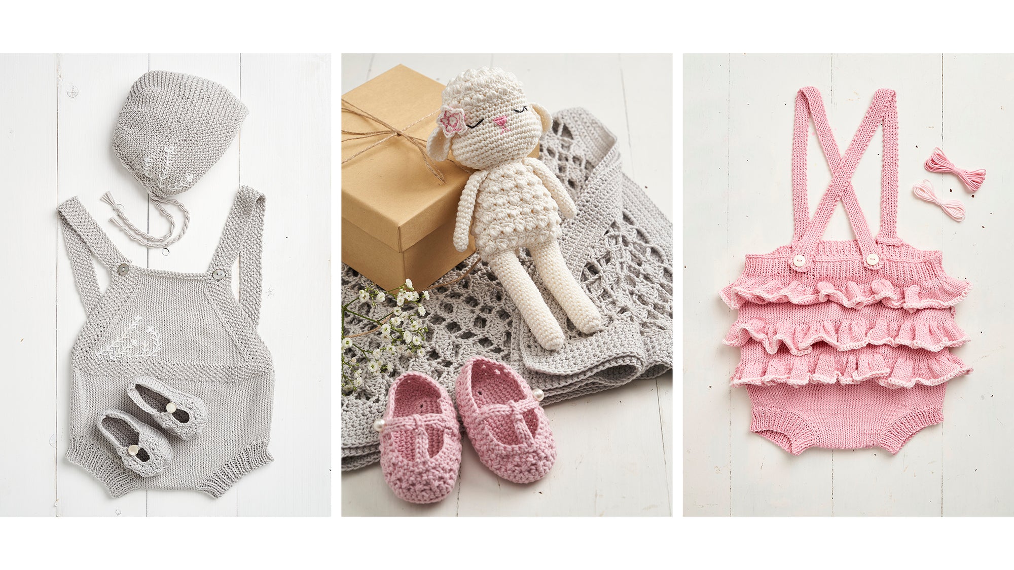 "A collage showing various projects from the book, including a crocheted baby blanket, a knitted bonnet, and a soft handmade toy.

boutique nursery patterns, Anchor knitting books Singapore