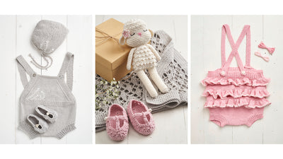 "A collage showing various projects from the book, including a crocheted baby blanket, a knitted bonnet, and a soft handmade toy.

boutique nursery patterns, Anchor knitting books Singapore