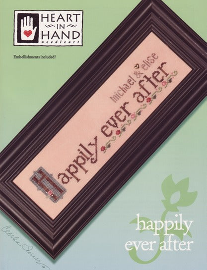 Cross stitch chart for a 'Happily Ever After' design, featuring a frame and floral elements, with space for custom text entry.