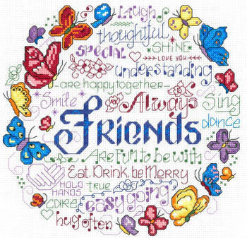 A bright and colorful sampler cross-stitch kit titled 'Happy Together' by designer Ursula Michael. The design features a decorative arrangement of whimsical motifs and uplifting text in a modern sampler layout. The kit includes 14-count Aida fabric, full skeins of DMC embroidery threads, and a needle. The finished design has a stitch count of 121 wide by 116 high