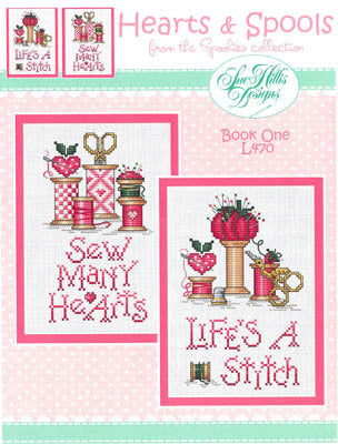 A booklet with two cross stitch designs named 'Sew many hearts' and 'Life's a stitch', by Sue Hillis, with a pink and green color scheme.