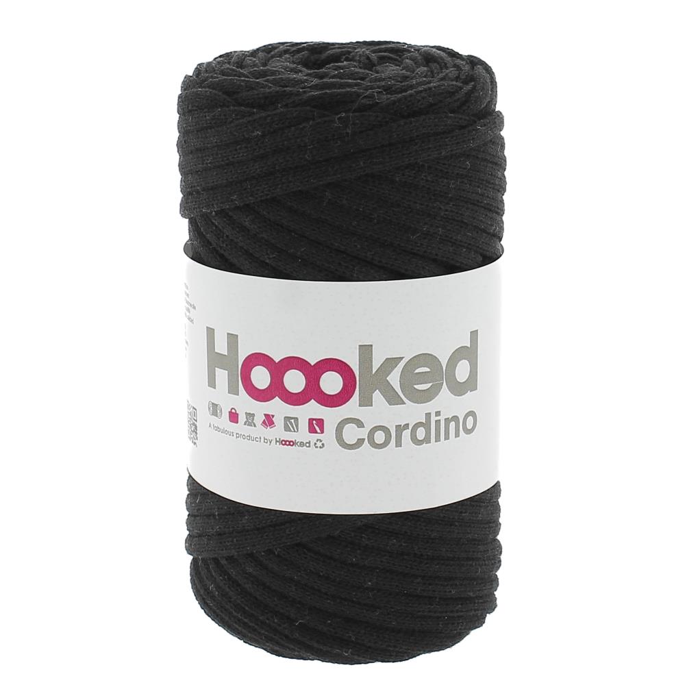 Sustainable Hoooked Cordino recycled cotton yarn, ideal for creating structured plant hangers, bags, and macramé wall art with a clean, modern finish in black