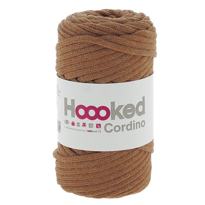 Close-up of Hoooked Cordino yarn, showcasing the firm, round braided construction that provides excellent shape retention for DIY home decor in Caramel Brown Colour