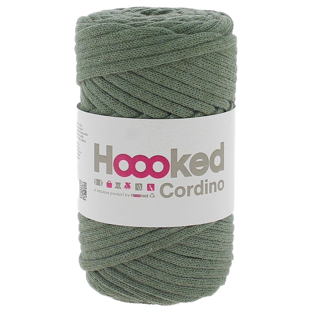 A spool of Hoooked Cordino highlighting the dense, non-stretch braided strand and the natural, matte appearance of its recycled textile fibers in "Dried Herb" Green colour