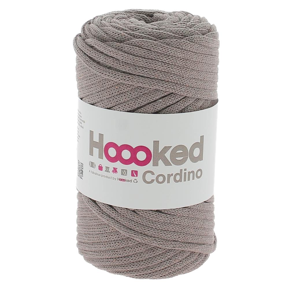 A spool of Hoooked Cordino highlighting the dense, non-stretch braided strand and the natural, matte appearance of its recycled textile fibers in Earth Brown Colour
