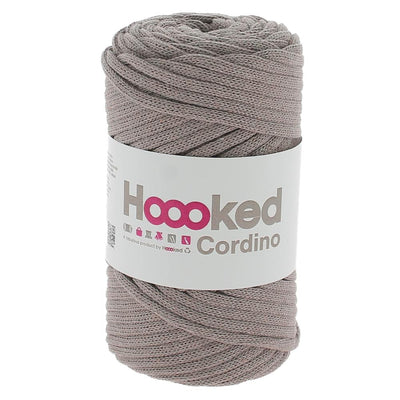 A spool of Hoooked Cordino highlighting the dense, non-stretch braided strand and the natural, matte appearance of its recycled textile fibers in Earth Brown Colour