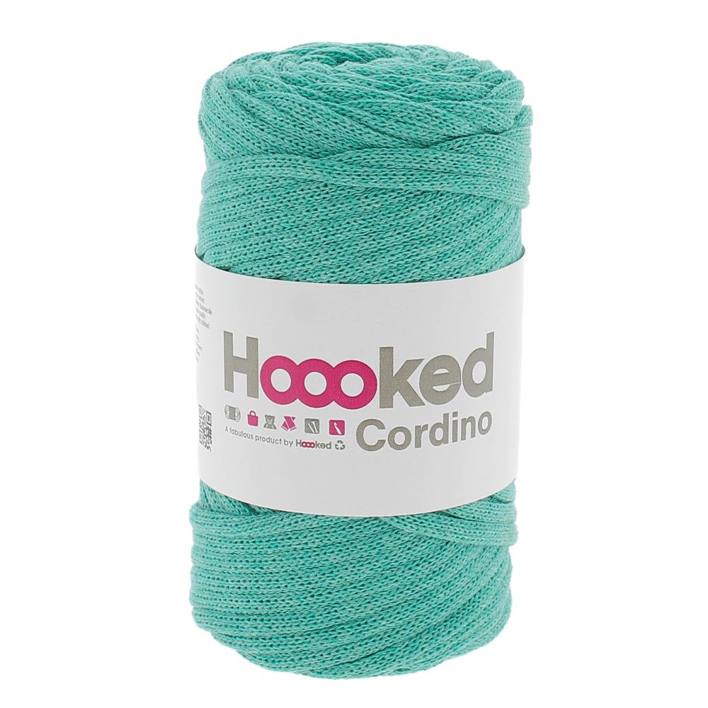 A 150g ball of Hoooked Cordino yarn made from 100% recycled fibers, featuring a sturdy braided cord texture for macramé and crochet in Happy Mint Colour.
