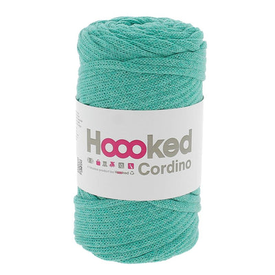 A 150g ball of Hoooked Cordino yarn made from 100% recycled fibers, featuring a sturdy braided cord texture for macramé and crochet in Happy Mint Colour.