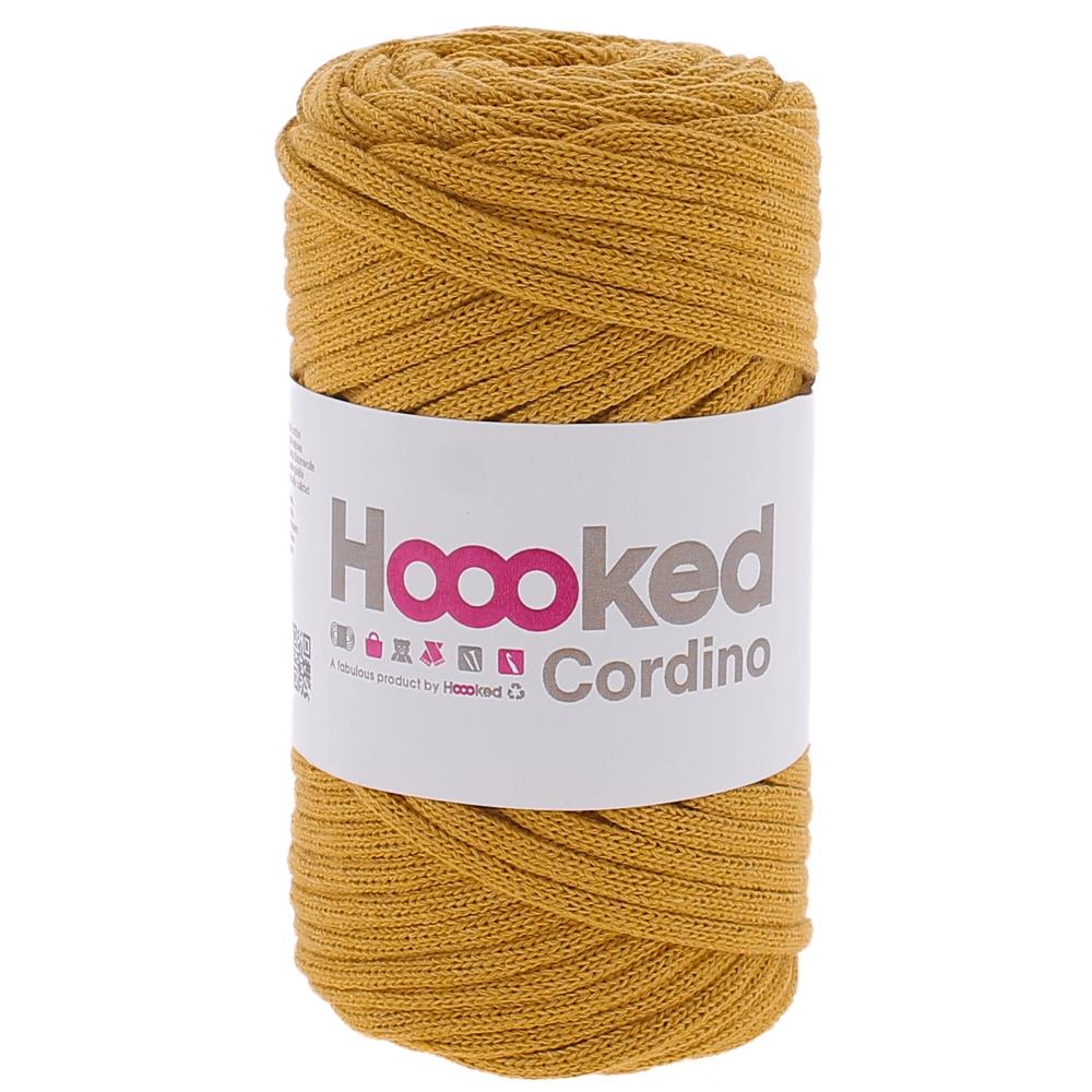 A spool of Hoooked Cordino highlighting the dense, non-stretch braided strand and the natural, matte appearance of its recycled textile fibers in Harvest Brown Colour