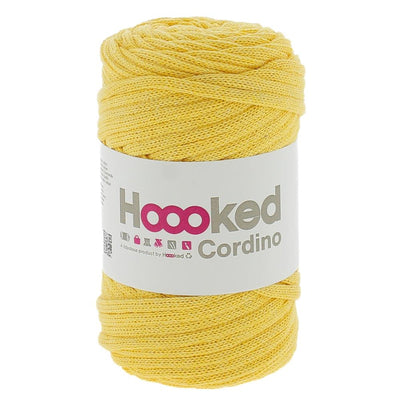 A spool of Hoooked Cordino highlighting the dense, non-stretch braided strand and the natural, matte appearance of its recycled textile fibers in Lemon Yellow Colour