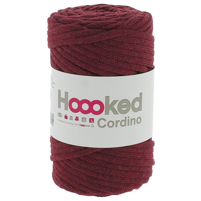 A spool of Hoooked Cordino highlighting the dense, non-stretch braided strand and the natural, matte appearance of its recycled textile fibers in Maroon Red Colour
