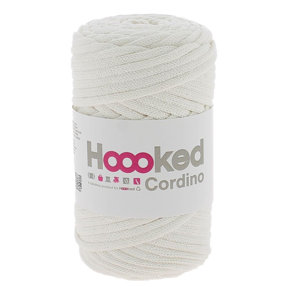 Sustainable Hoooked Cordino recycled cotton yarn, ideal for creating structured plant hangers, bags, and macramé wall art with a clean, modern finish in Pearl White
