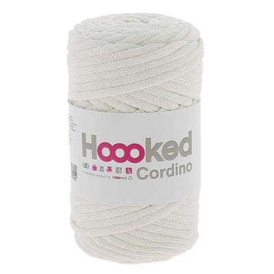 Sustainable Hoooked Cordino recycled cotton yarn, ideal for creating structured plant hangers, bags, and macramé wall art with a clean, modern finish in Pearl White