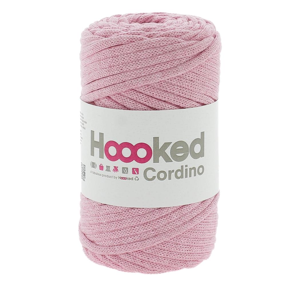 A 150g ball of Hoooked Cordino yarn made from 100% recycled fibers, featuring a sturdy braided cord texture for macramé and crochet in Sweet Pink Colour
