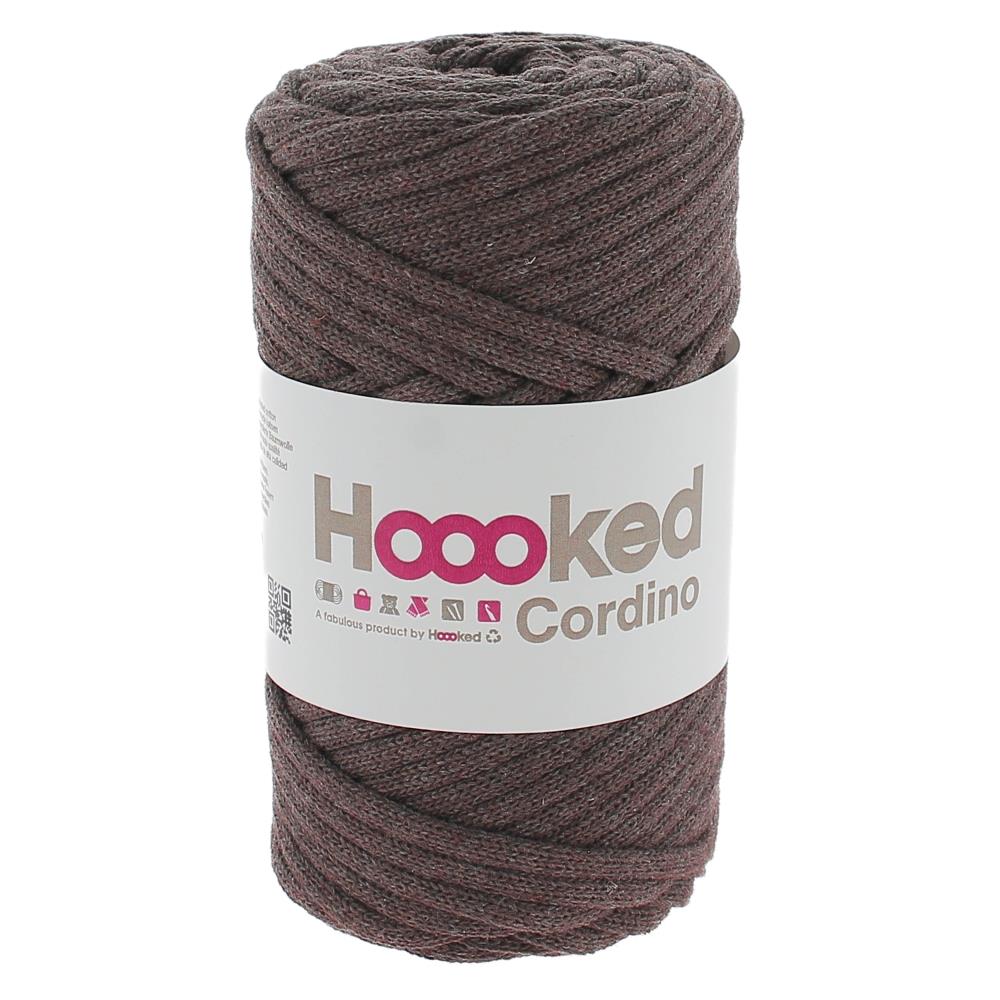 Close-up of Hoooked Cordino yarn, showcasing the firm, round braided construction that provides excellent shape retention for DIY home decor in tabacco Grey colour