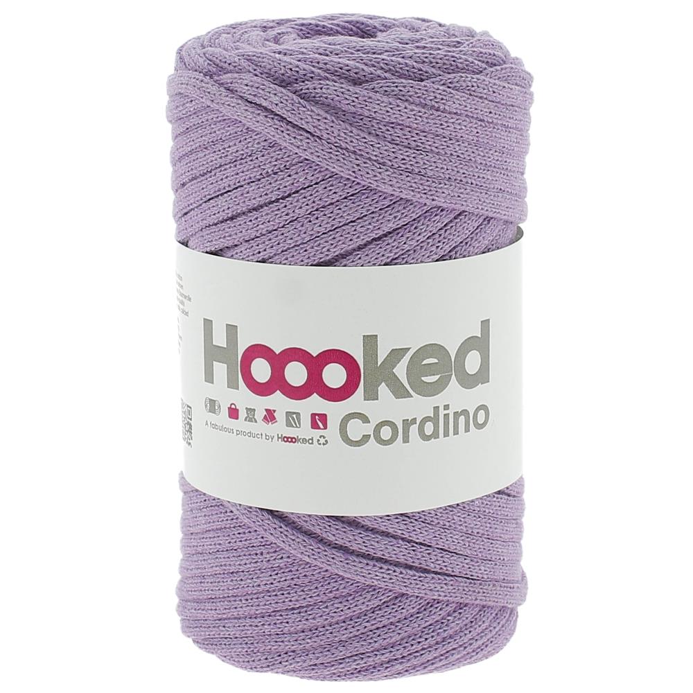 A 150g ball of Hoooked Cordino yarn made from 100% recycled fibers, featuring a sturdy braided cord texture for macramé and crochet in Lilac Purple Colour