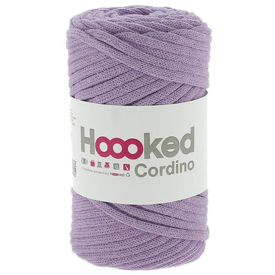 A 150g ball of Hoooked Cordino yarn made from 100% recycled fibers, featuring a sturdy braided cord texture for macramé and crochet in Lilac Purple Colour