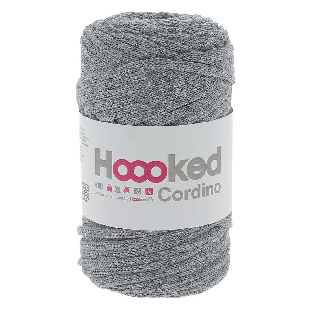 A 150g ball of Hoooked Cordino yarn made from 100% recycled fibers, featuring a sturdy braided cord texture for macramé and crochet in Stone grey colour