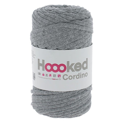 A 150g ball of Hoooked Cordino yarn made from 100% recycled fibers, featuring a sturdy braided cord texture for macramé and crochet in Stone grey colour