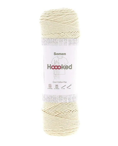A 100g ball of Hoooked Somen yarn, showing its beautiful matte texture and the subtle, natural variations of the cotton-linen blend in cream white colour