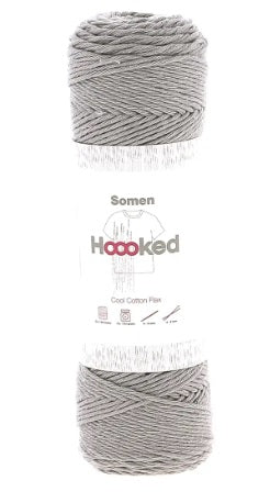 Close-up of Hoooked Somen fibers, highlighting the soft recycled cotton plies interwoven with strong natural flax for a durable summer thread in silver grey colour