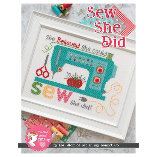 A professional-grade cross-stitch kit from It’s Sew Emma Stitchery titled 'Sew She Did.' The high-definition design features a modern and inspiring sentiment surrounded by clean, artisanal sewing-themed graphics.