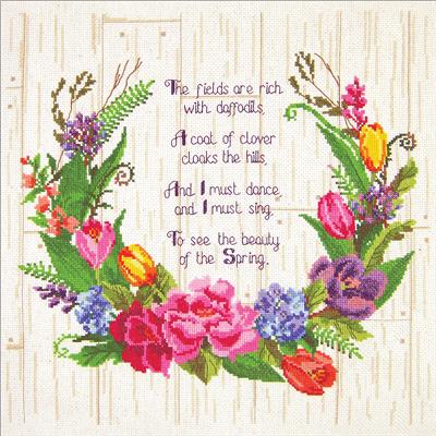 A comprehensive cross-stitch kit by Janlynn titled 'Spring Sentiments.' The artwork features a large, intricate circular wreath of spring flowers, including tulips and daisies, surrounding a central sentimental message.