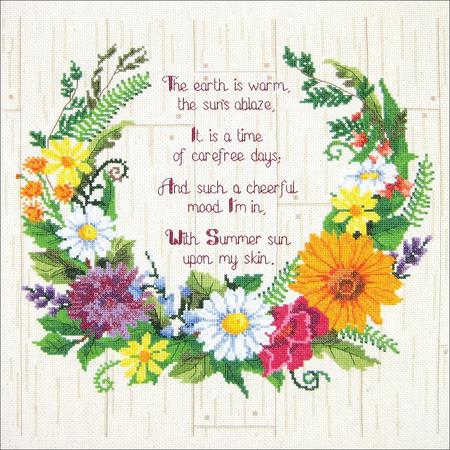 Cross stitch kit depicting a colorful floral design with the text 'The earth is warm, the sun is shining, it's a cheerful day in my skin' and other phrases.