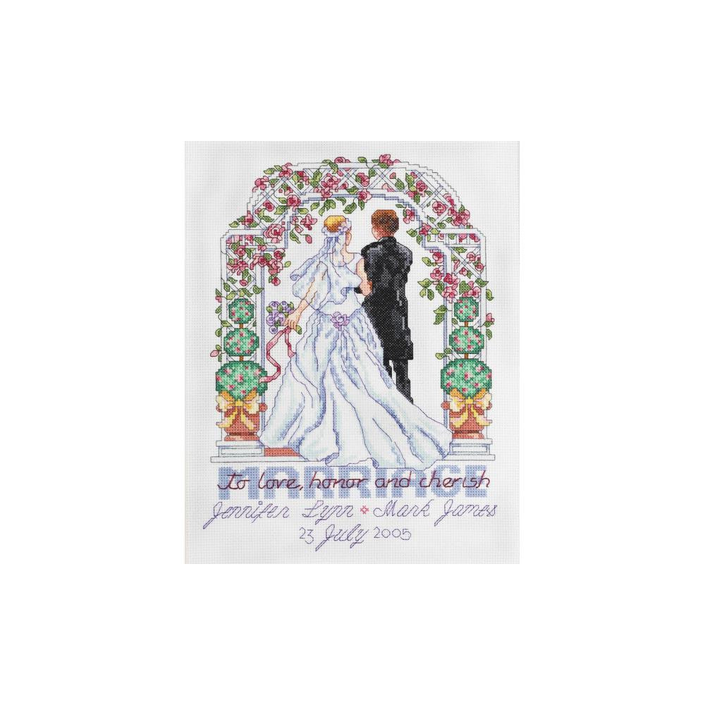 A finished Janlynn To Love, Honor and Cherish cross-stitch sampler, featuring personalized names and a wedding date surrounded by delicate floral borders.
Anniversary cross stitch kit, 14 count aida wedding sampler, customizable name embroidery, handmade wedding gift ideas