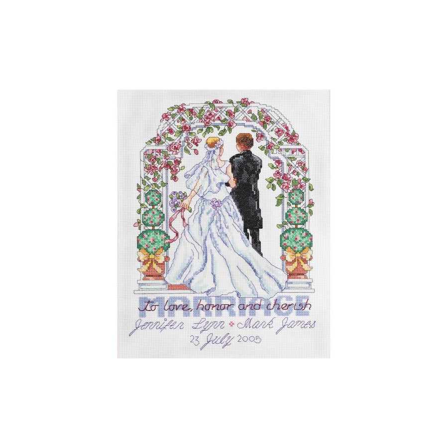 A finished Janlynn To Love, Honor and Cherish cross-stitch sampler, featuring personalized names and a wedding date surrounded by delicate floral borders.
Anniversary cross stitch kit, 14 count aida wedding sampler, customizable name embroidery, handmade wedding gift ideas